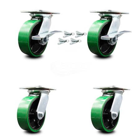 Service Caster 6 Inch Poly on Cast Iron Caster Set with Roller Bearing 4 Swivel Lock 2 Brake SCC-35S620-PUR-GB-SLB-BSL-2-BSL-2